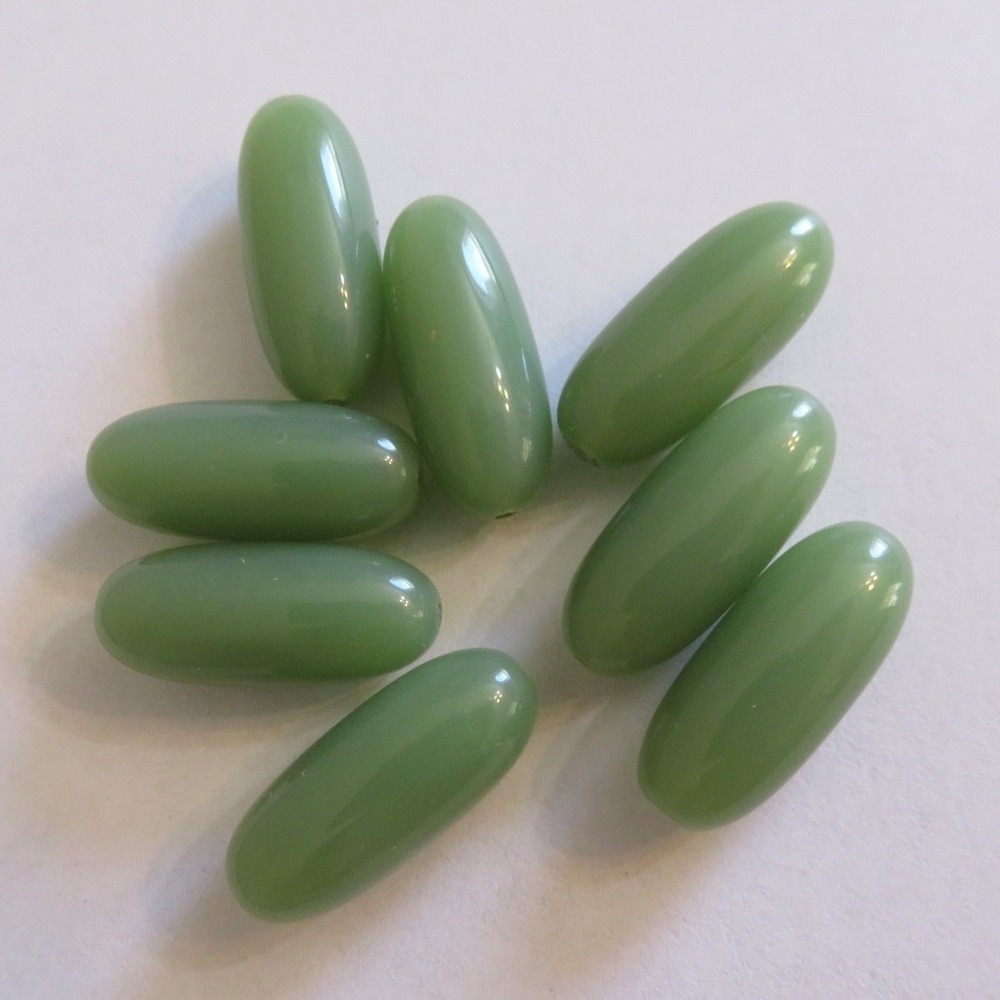 Vintage West German Lucite Beads Olive Green Elongated‎ Oval Pill Shape 8pc